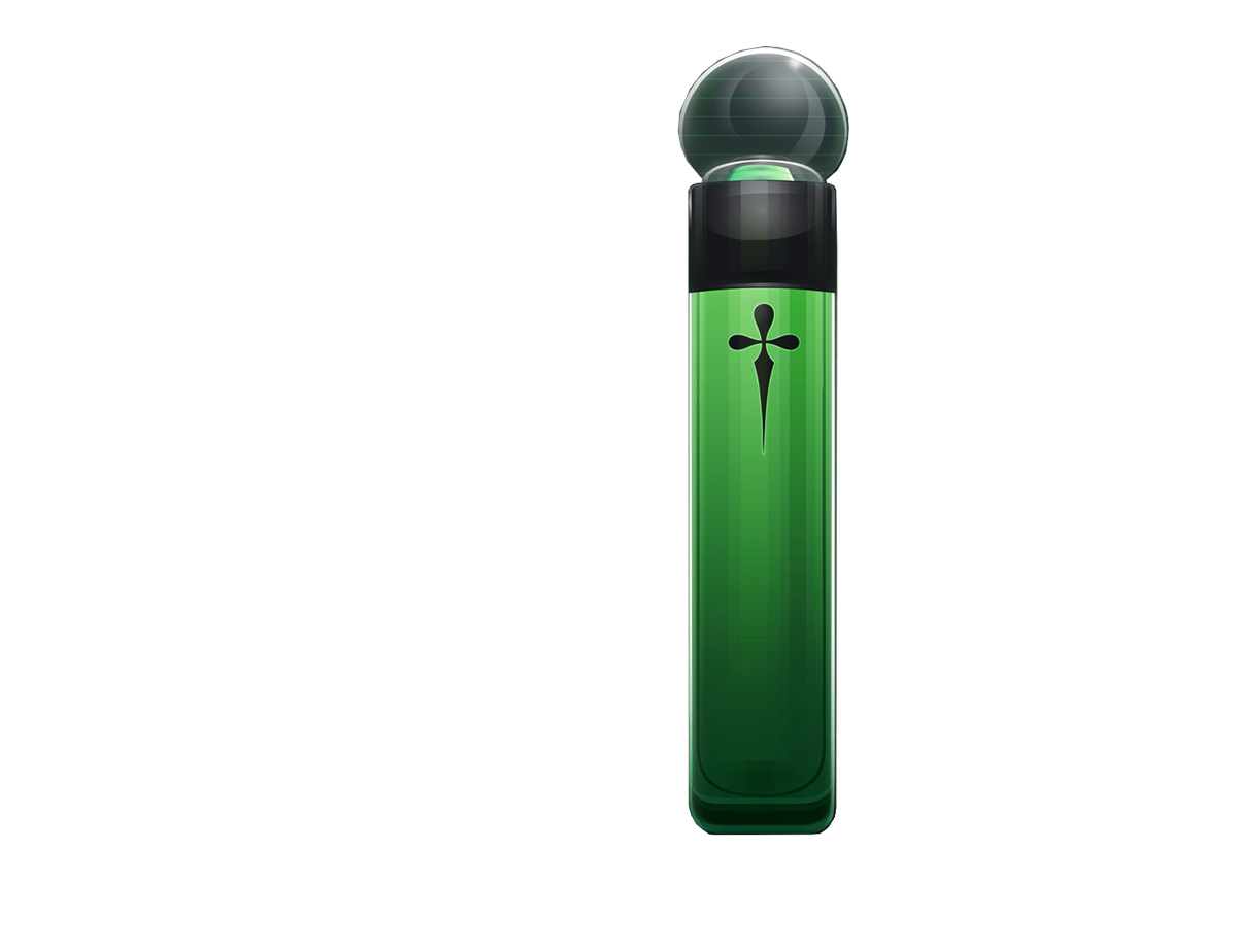 Illustration of a green bottle of Nepenthe, the perfume by the Capulets