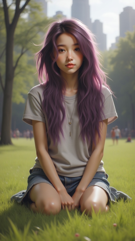 Zu sits in Central Park, serene with purple-tinted hair — ZU × ORI