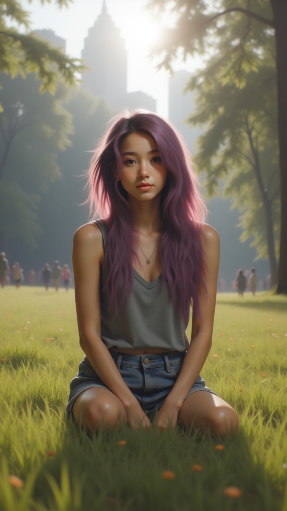 Zu sits in lush park, violet hair catching sunlight — ZU × ORI