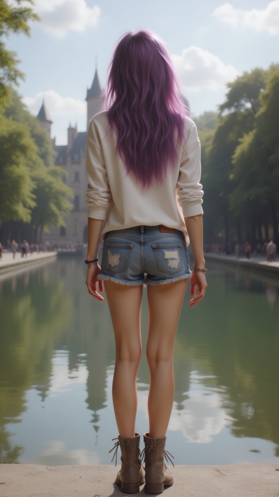 Zu stands by reflecting pool, purple hair vibrant against sky — ZU × ORI