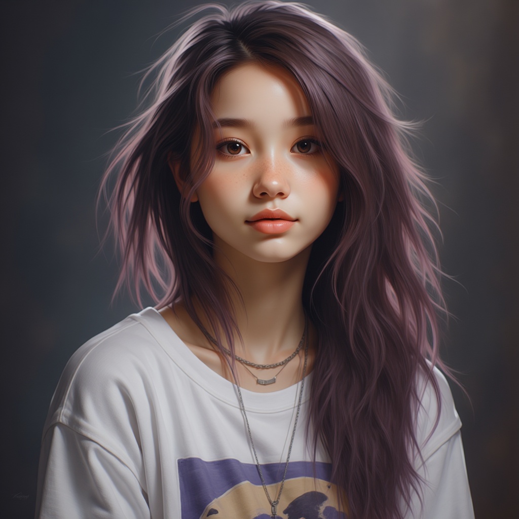 Zu with purple hair and white tee, gentle gaze — ZU × ORI