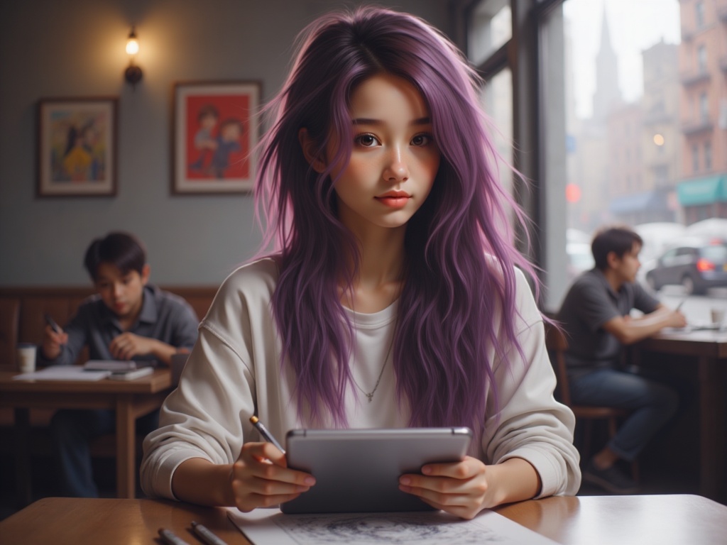 Zu sketches intently in a cozy café, lavender hair flowing — ZU × ORI