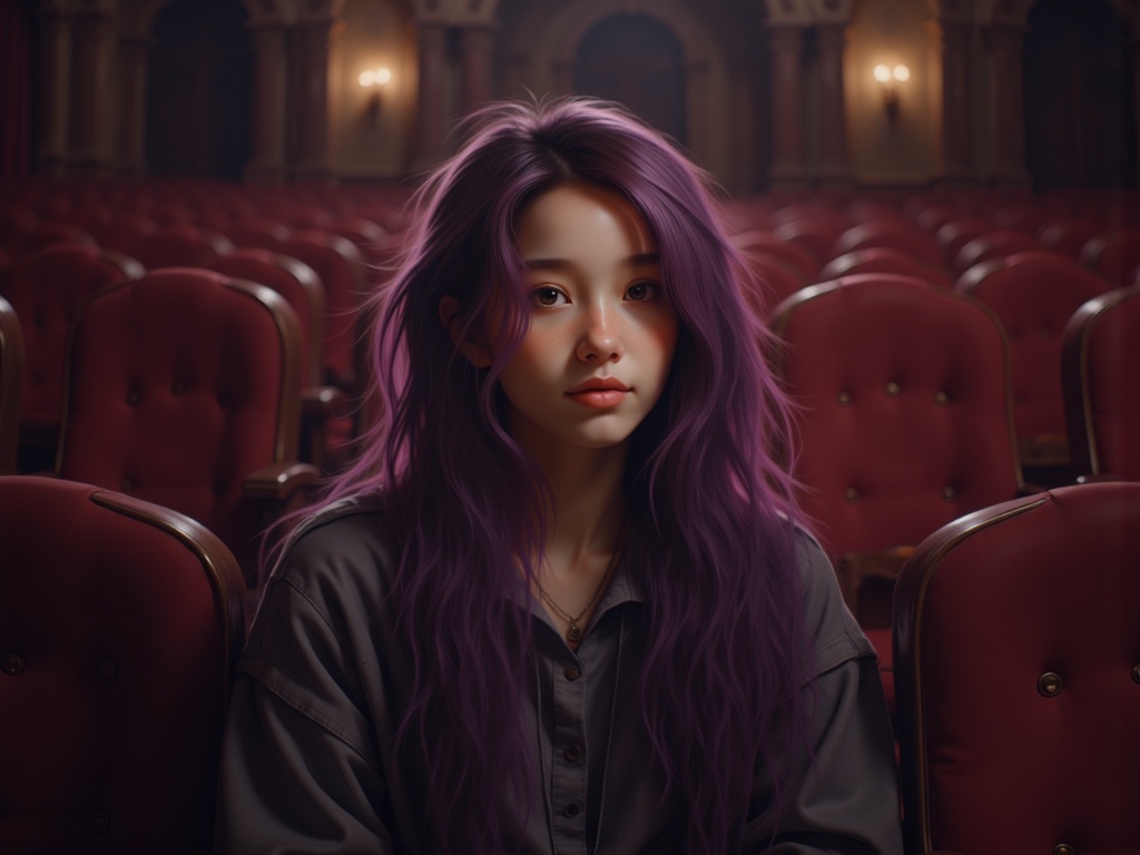 Zu sits thoughtfully in grand auditorium, purple hair flowing — ZU × ORI