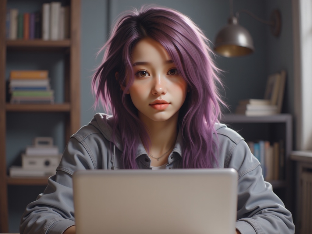 Zu focuses intently on laptop, vibrant purple hair illuminated — ZU × ORI