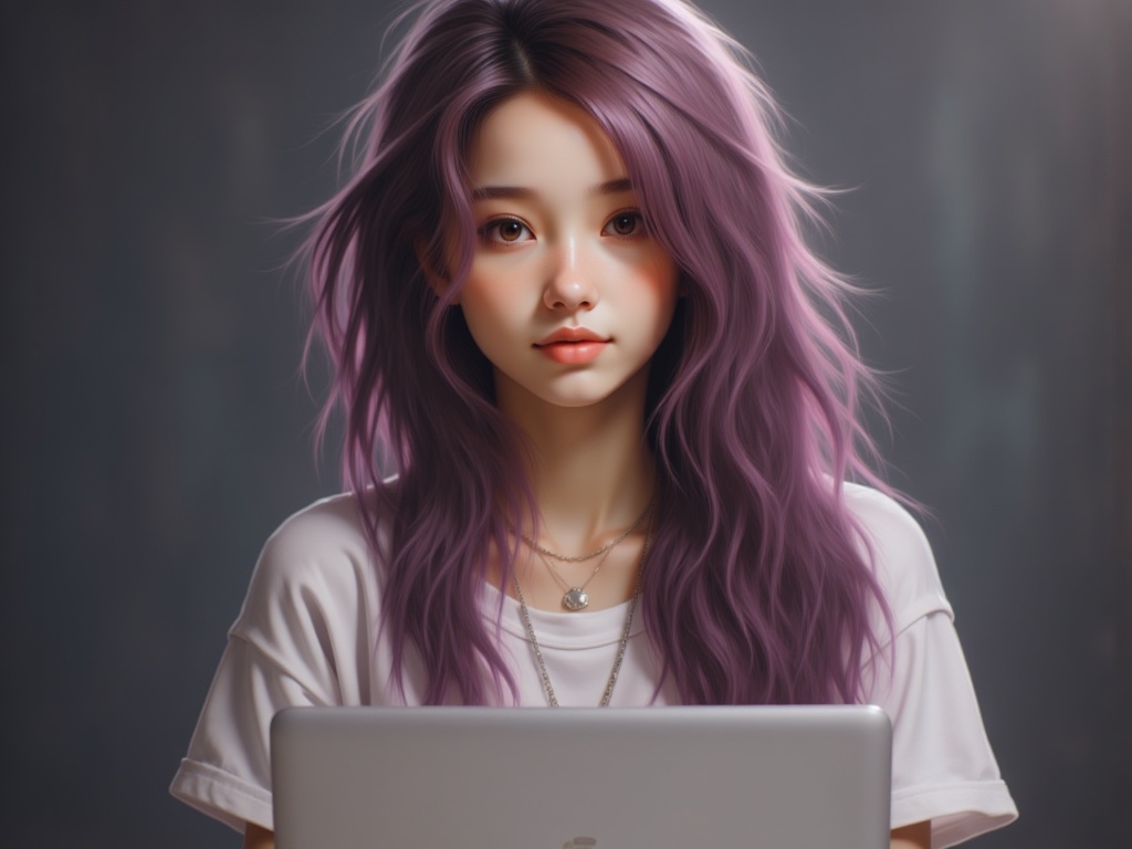 Zu with wavy purple hair, focused on laptop — ZU × ORI