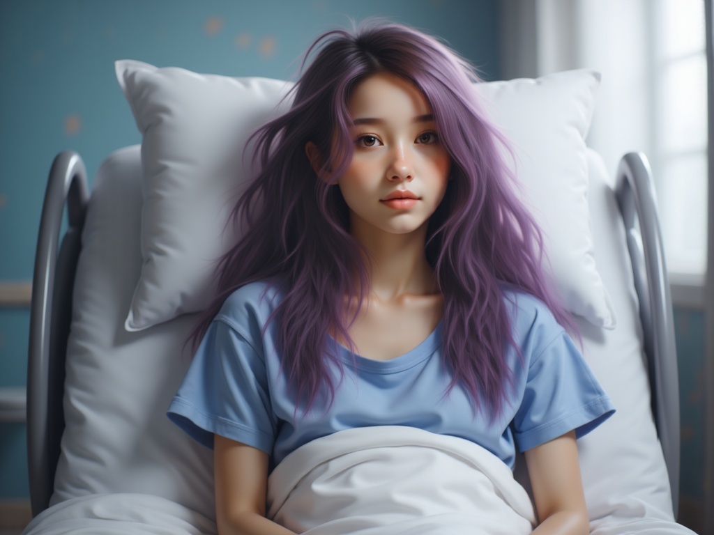 Zu with purple hair resting in a hospital bed — ZU × ORI