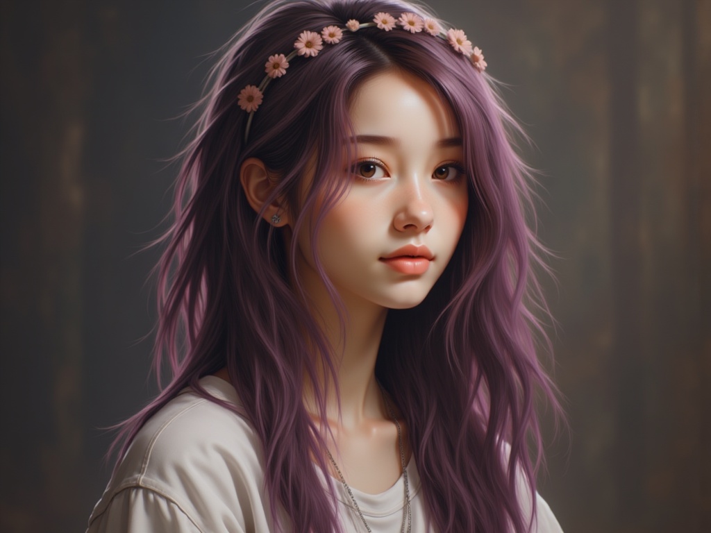 Zu with lavender hair and a floral crown, gazing softly — ZU × ORI