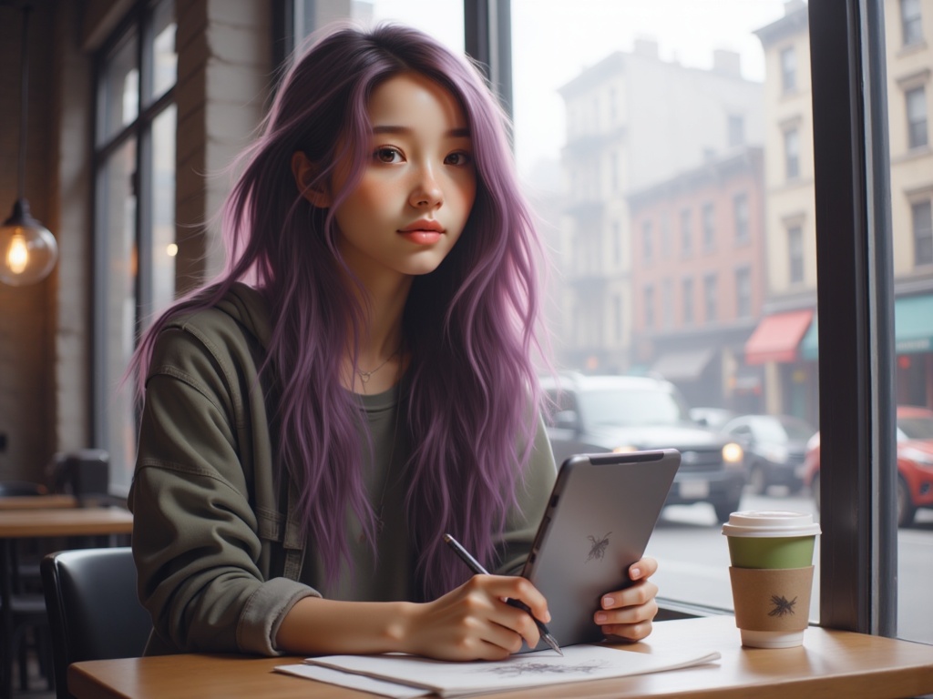 Zu draws on tablet in cozy cafe, rainy street outside — ZU × ORI