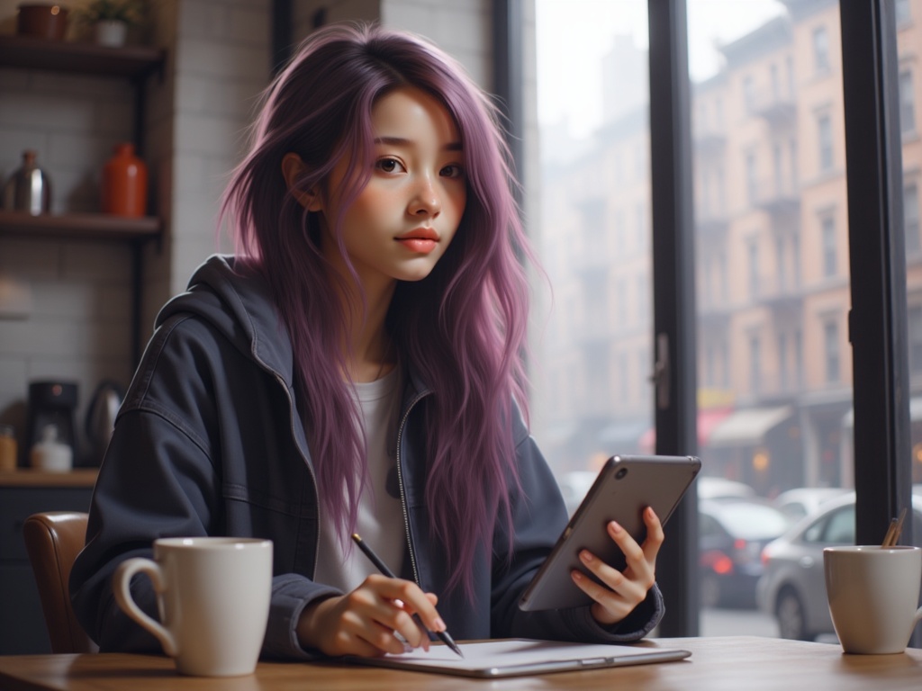 Zu studies in a café, purple hair framing her face — ZU × ORI