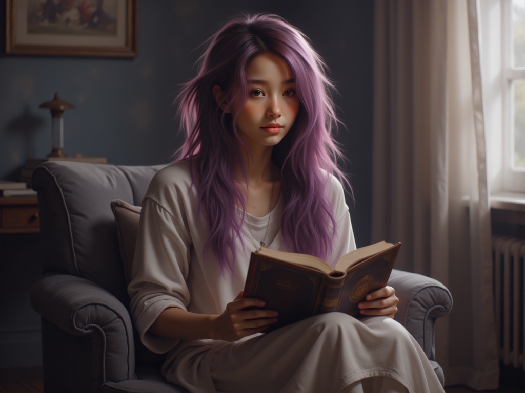 Zu reads in soft light, lavender hair cascading softly — ZU × ORI