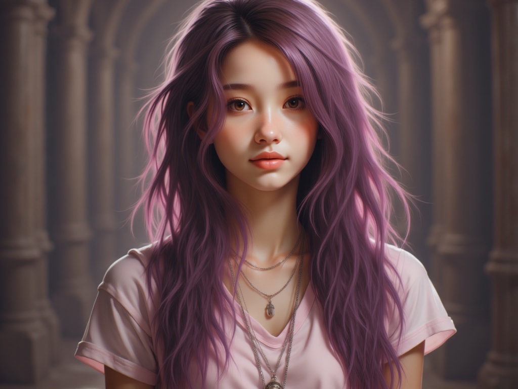 Zu gazes intently, purple hair cascading, wearing a pink tee — ZU × ORI