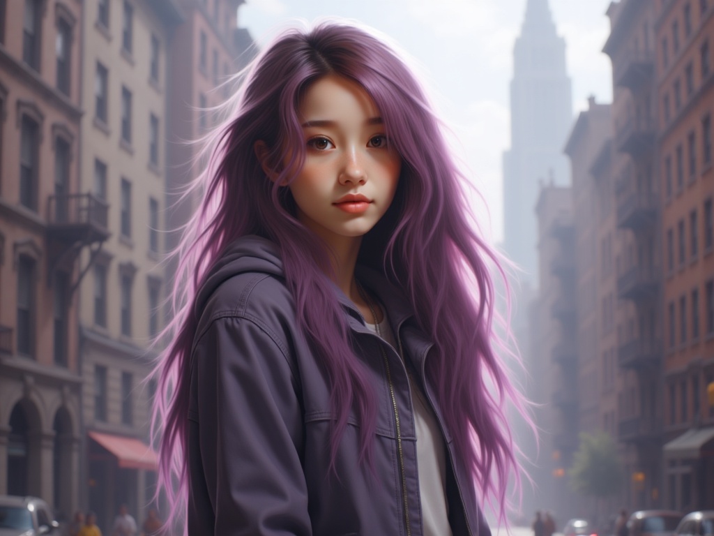 Zu in NYC street, violet hair flowing, serene gaze — ZU × ORI