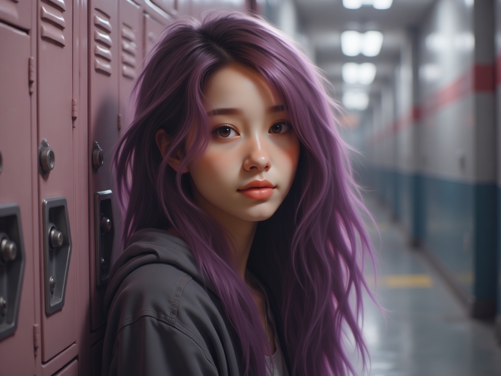 Zu leans against lockers with flowing purple hair — ZU × ORI