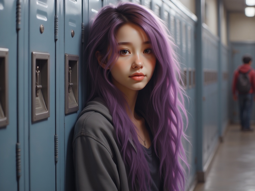 Zu leans pensively against lockers, purple hair flowing softly — ZU × ORI