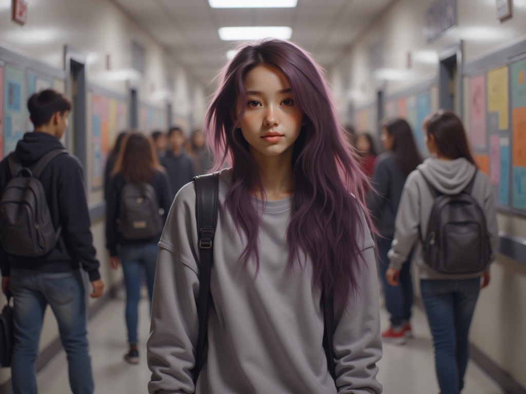 Zu stands out with vibrant hair in a busy hallway — ZU × ORI