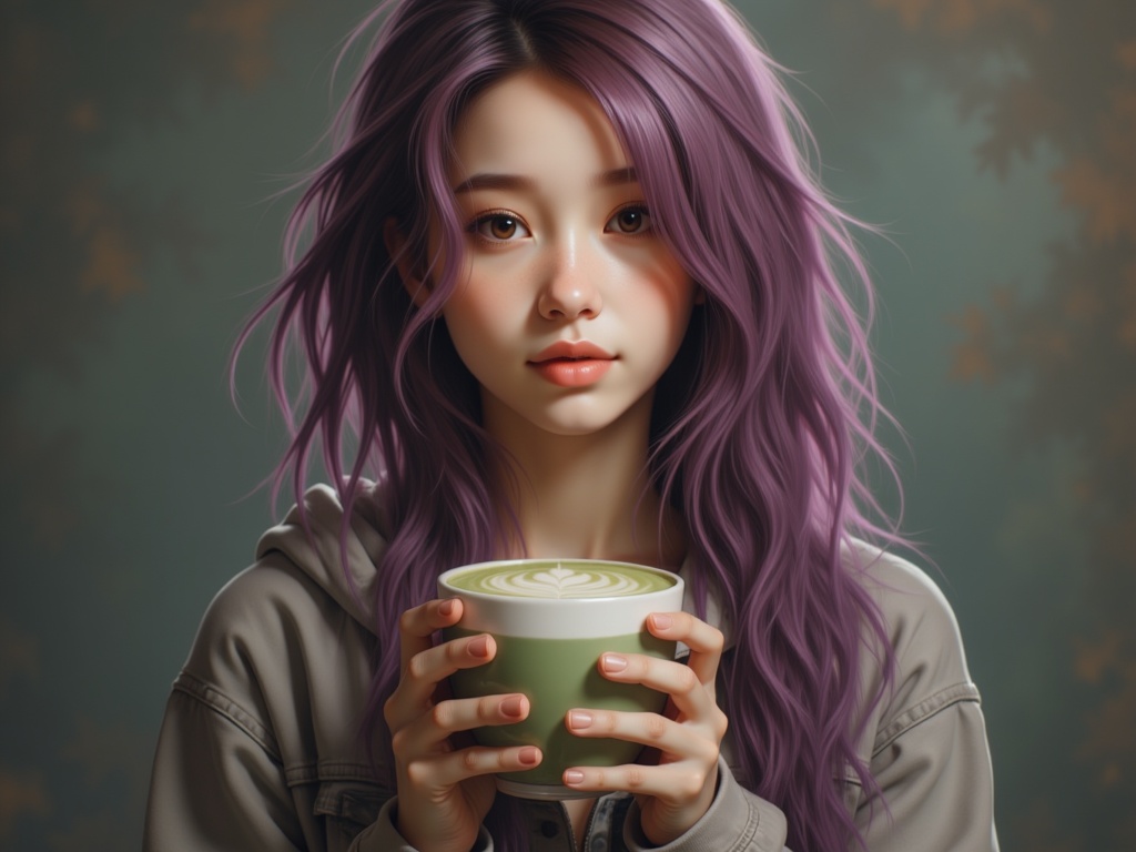 Zu holding a matcha latte with flowing purple hair — ZU × ORI