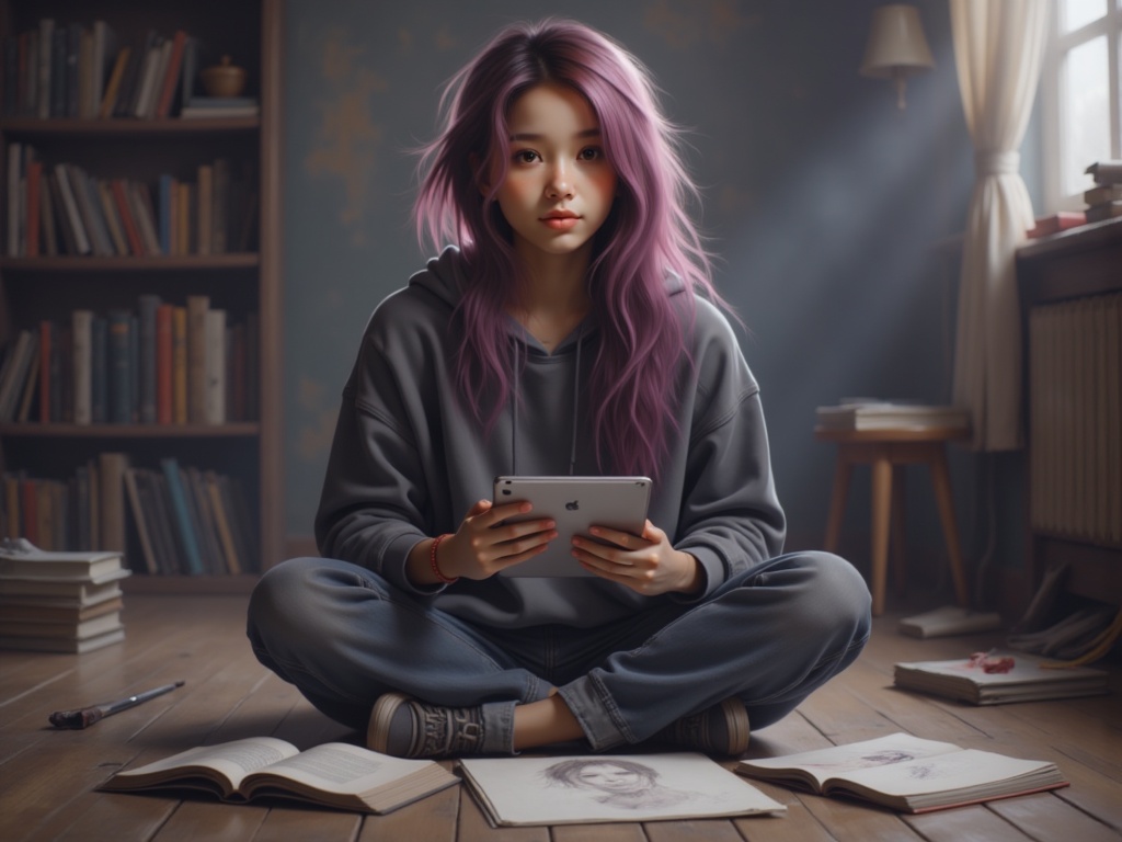 Zu sketches with a tablet, surrounded by books — ZU × ORI