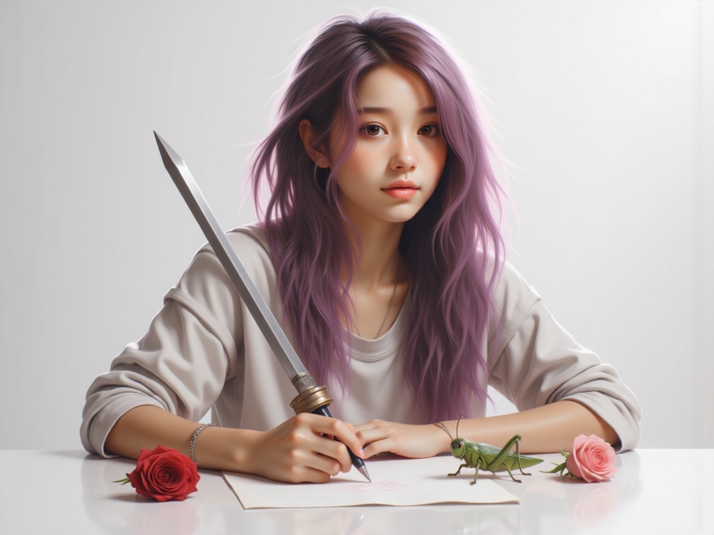 Zu with lavender hair holds a sword, roses nearby — ZU × ORI