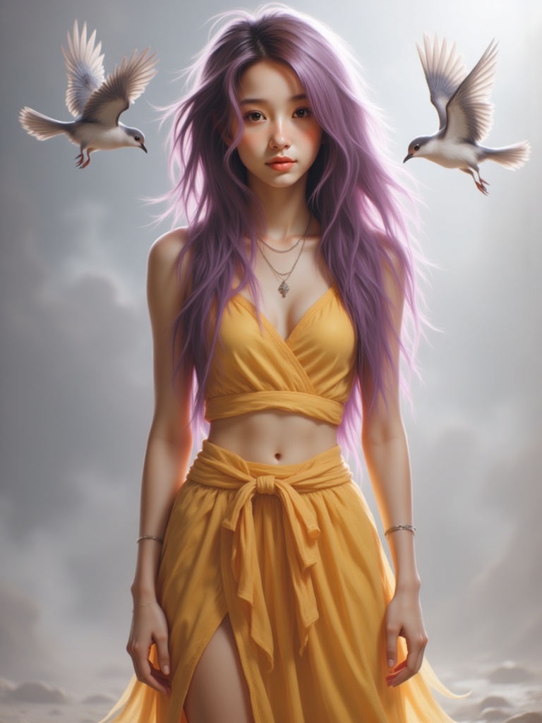 Zu stands elegantly in a yellow dress with birds — ZU × ORI