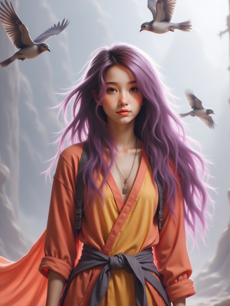 Zu stands in an ethereal scene, surrounded by flying birds — ZU × ORI