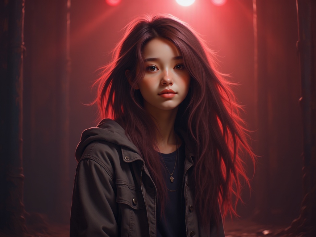 Zu with flowing hair, stares in red light — ZU × ORI