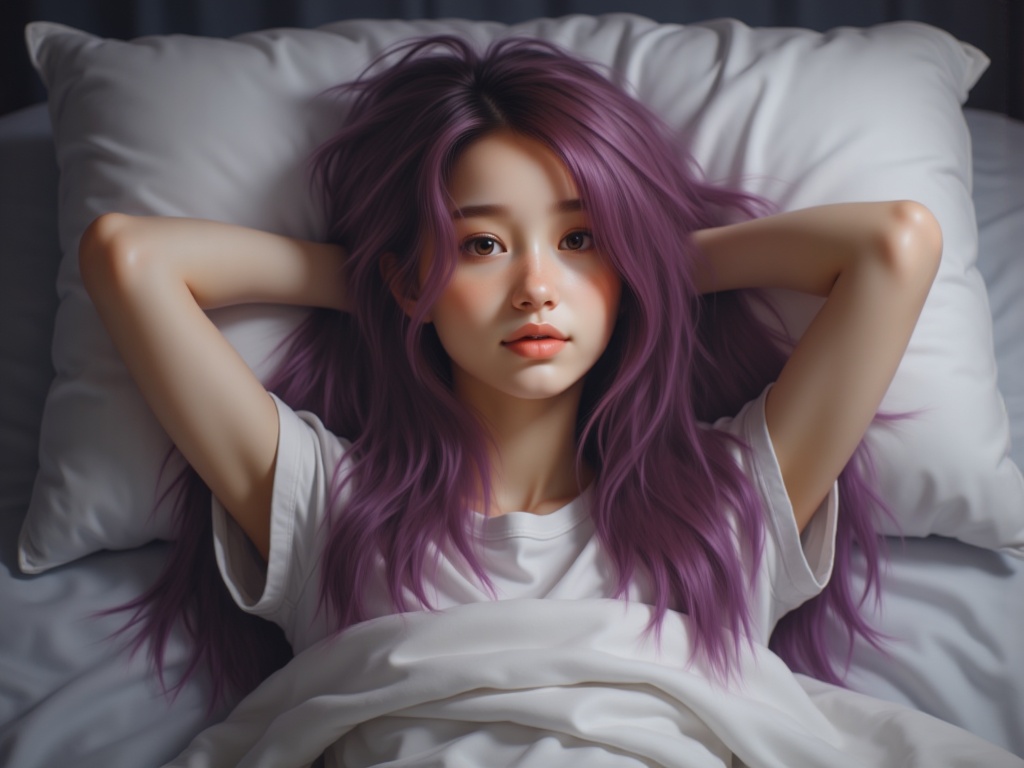 Zu reclines in soft light, purple hair flowing gently — ZU × ORI