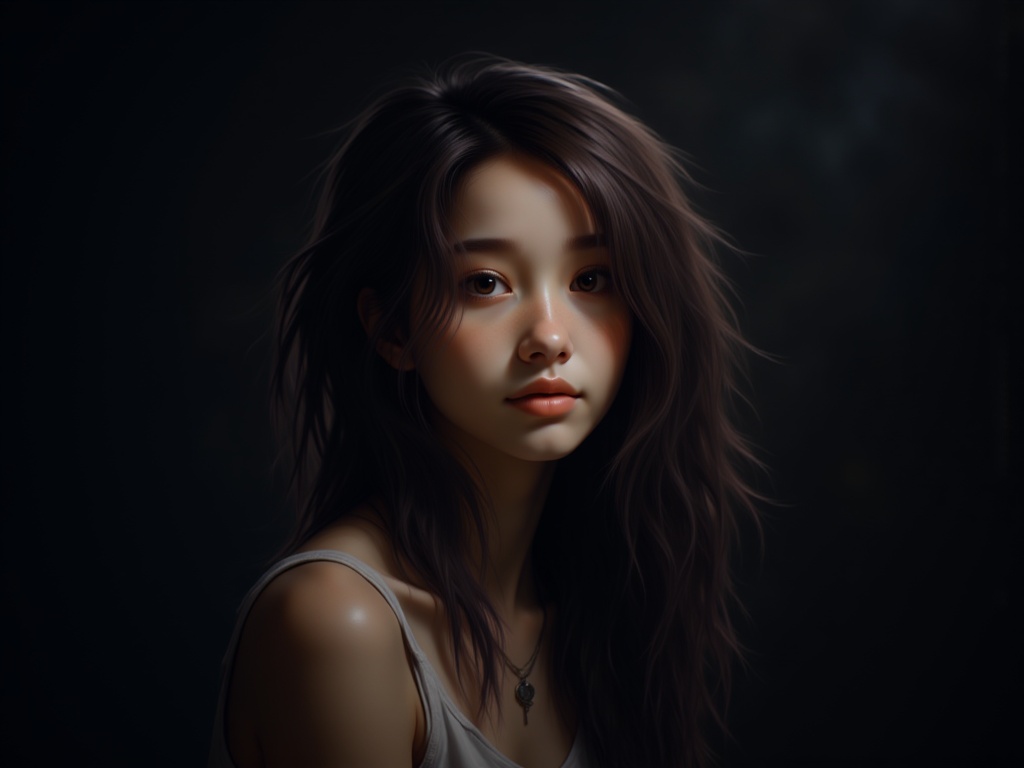 Zu gazes with mysterious intensity, dimly lit atmosphere — ZU × ORI