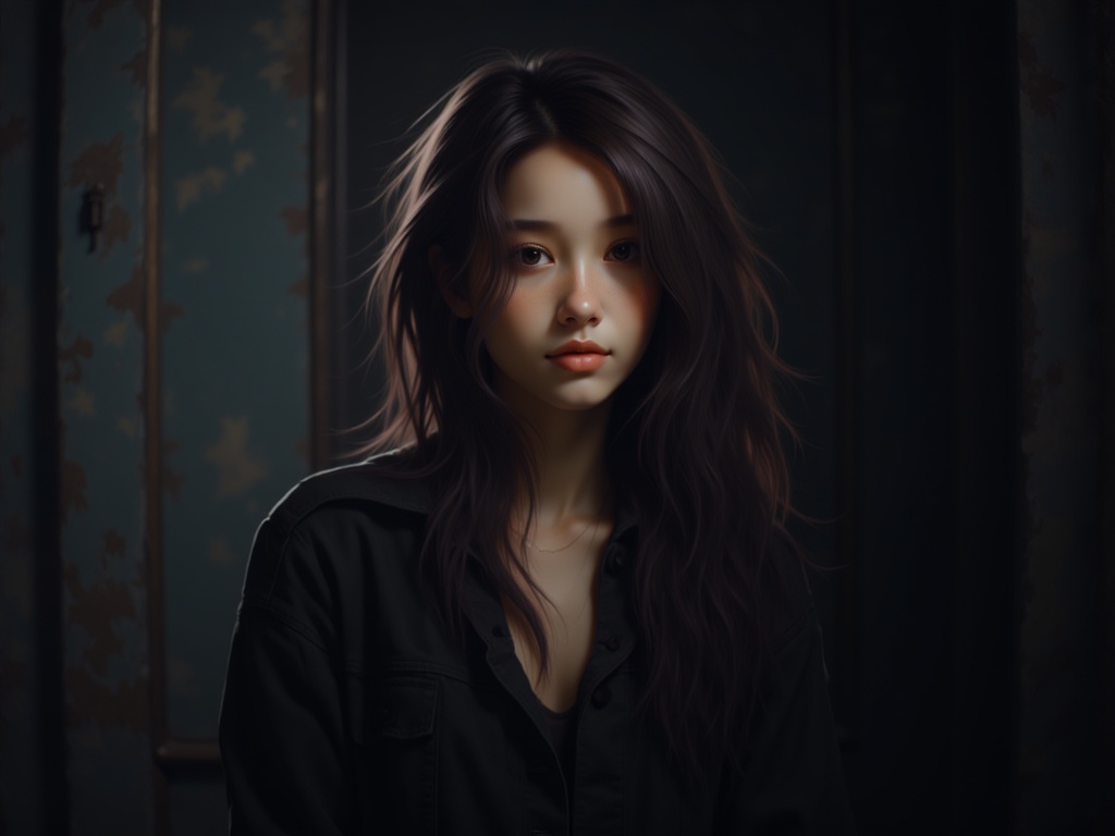 Zu gazes with mysterious intensity in dark, moody setting — ZU × ORI