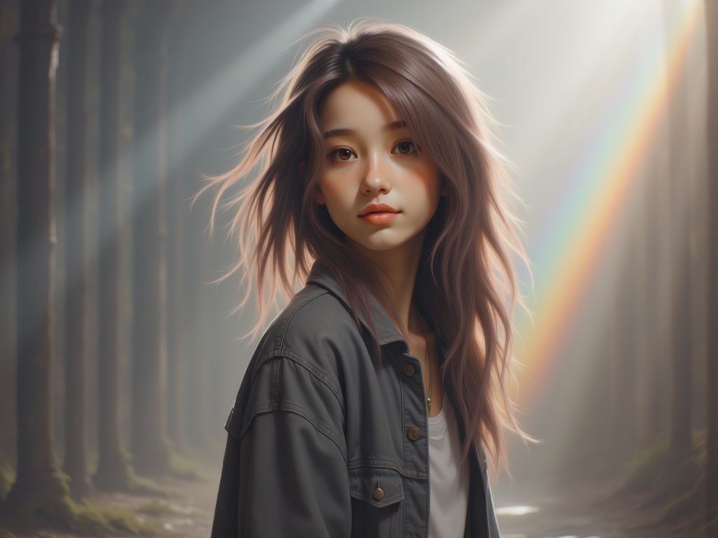 Zu gazes through soft forest light, a rainbow illuminating her — ZU × ORI