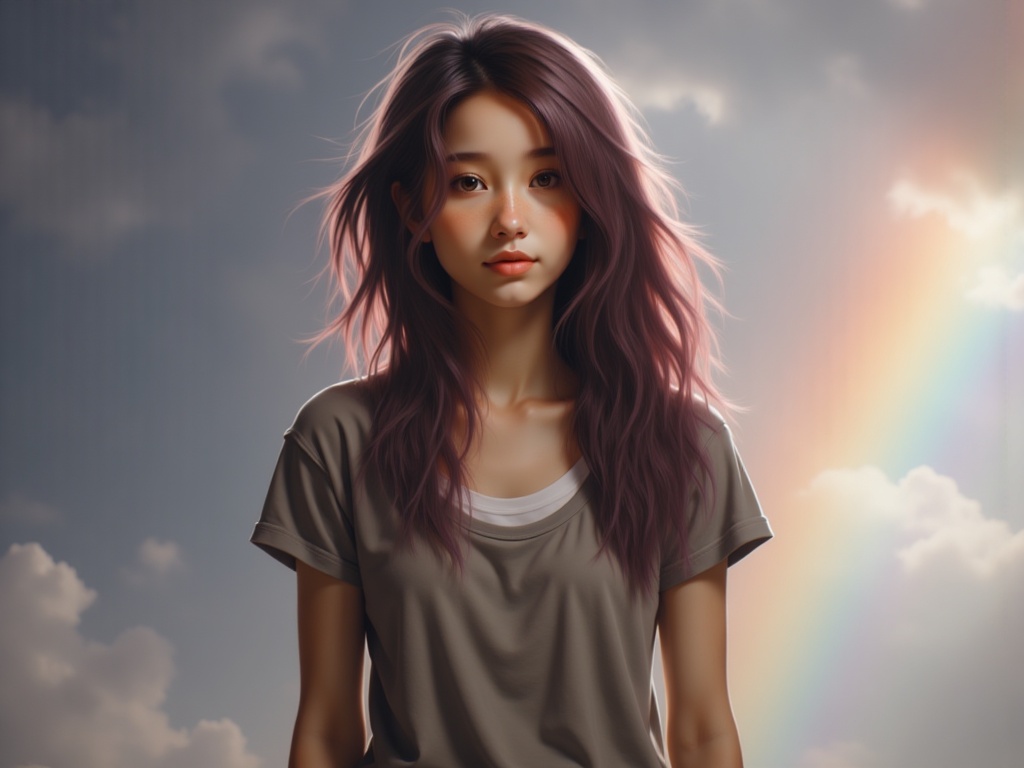 Zu stands under a colorful rainbow, clouds softly surrounding — ZU × ORI