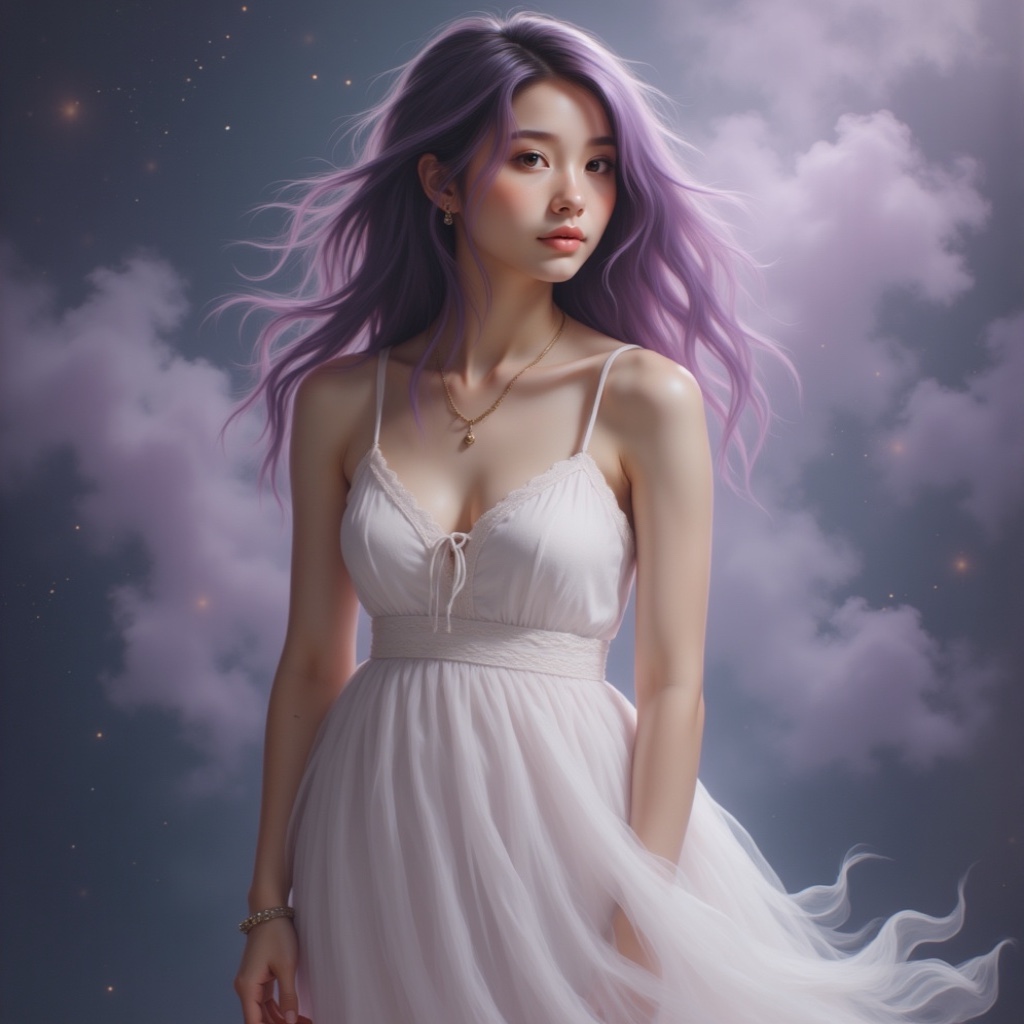 Zu: Ethereal figure with lavender hair amidst dreamy clouds — ZU × ORI