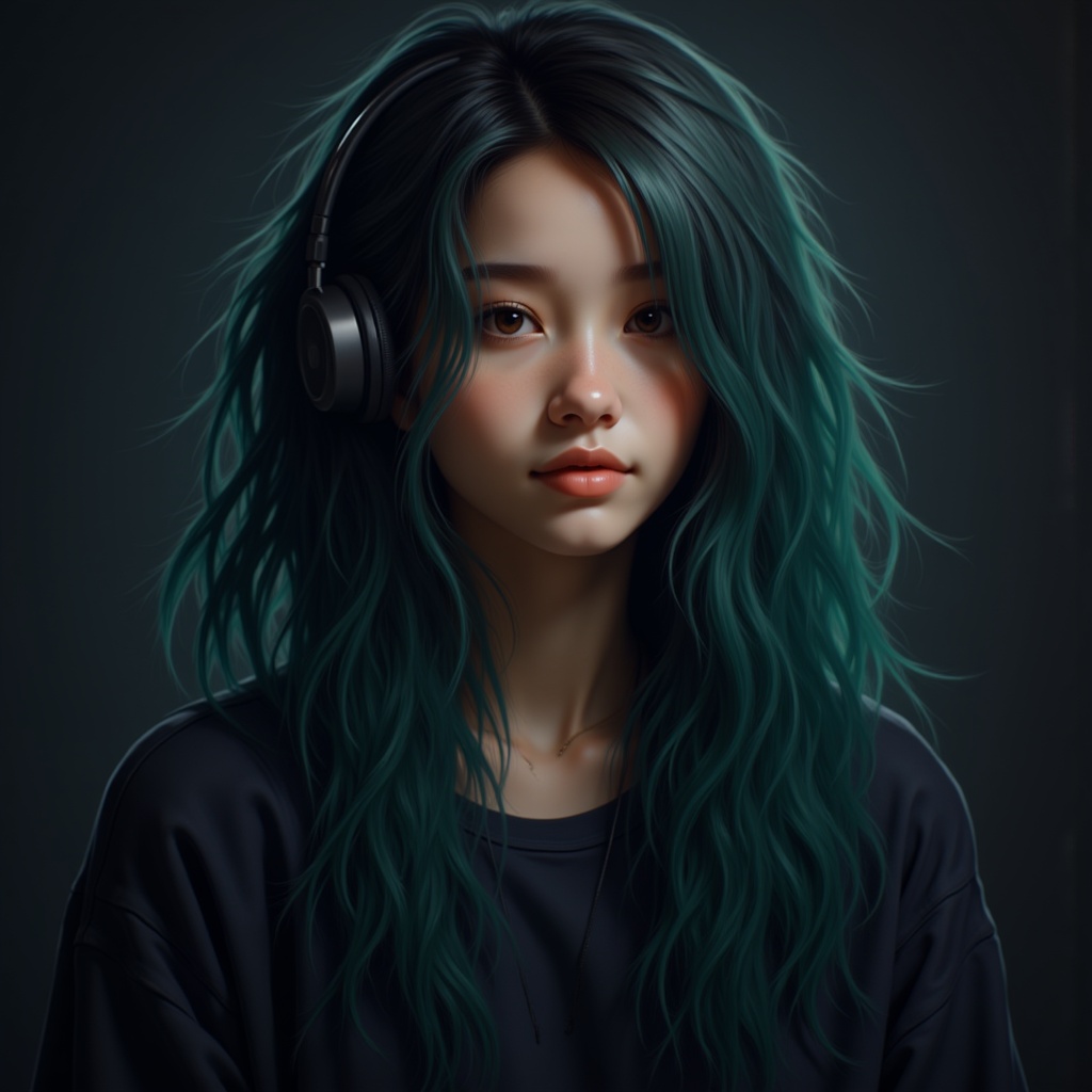 Zu lost in music, teal hair flowing, serene vibes — ZU × ORI