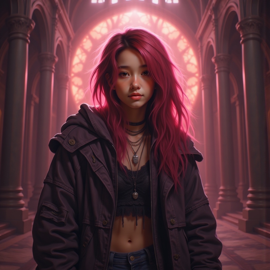 Zu stands with magenta hair in ornate cathedral light — ZU × ORI