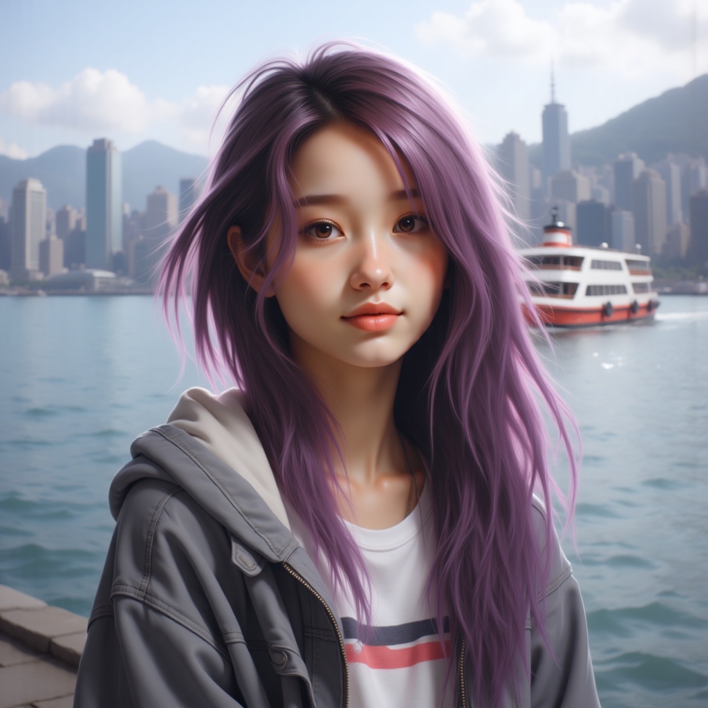 Zu with lavender hair, gazes over cityscape and ferry — ZU × ORI