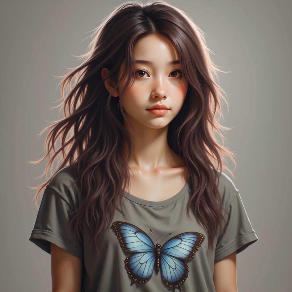 Zu gazes softly, wearing a butterfly tee — ZU × ORI