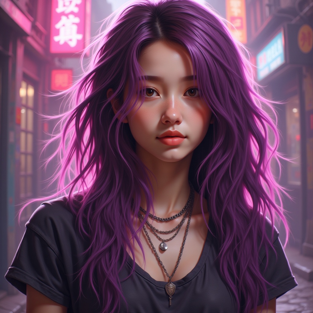 Zu gazes in the neon-lit alley, her purple hair radiant — ZU × ORI