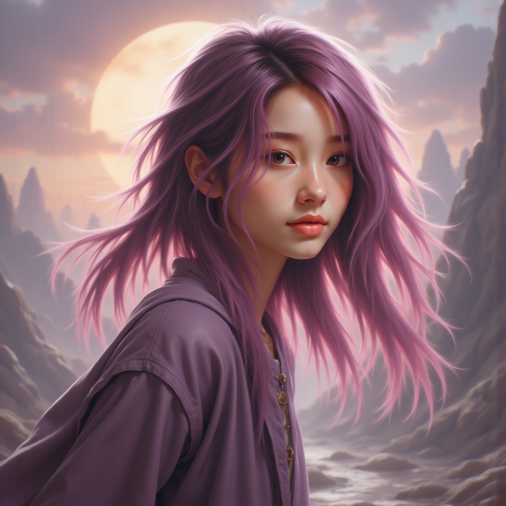 Zu stands with windswept lavender hair beneath a moonlit sky — ZU × ORI