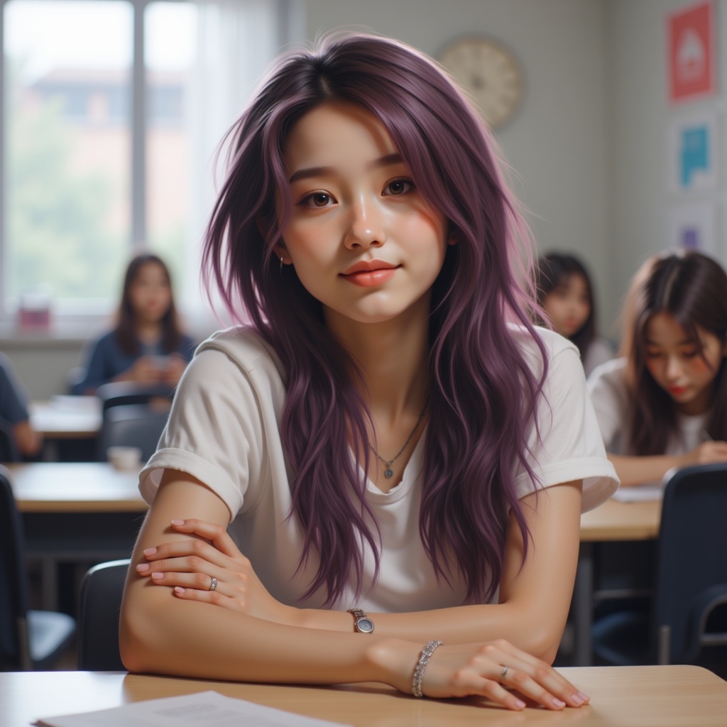 Zu sitting in classroom, smiling with purple hair — ZU × ORI