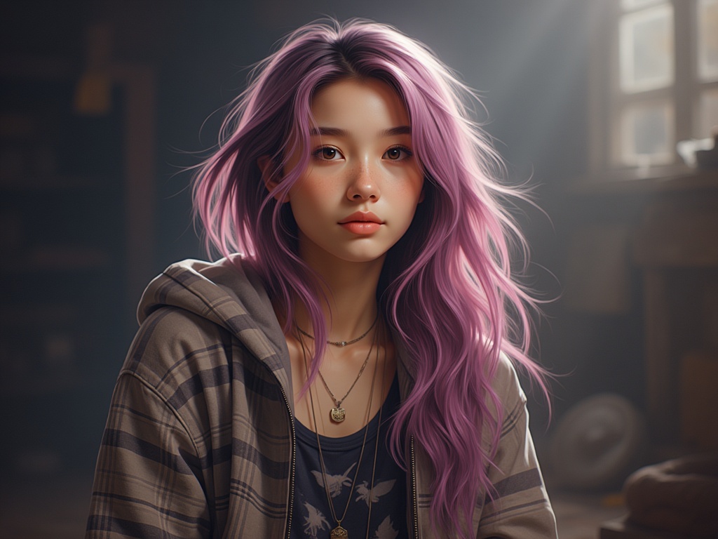 Zu gazes pensively through misty light, purple hair aglow — ZU × ORI