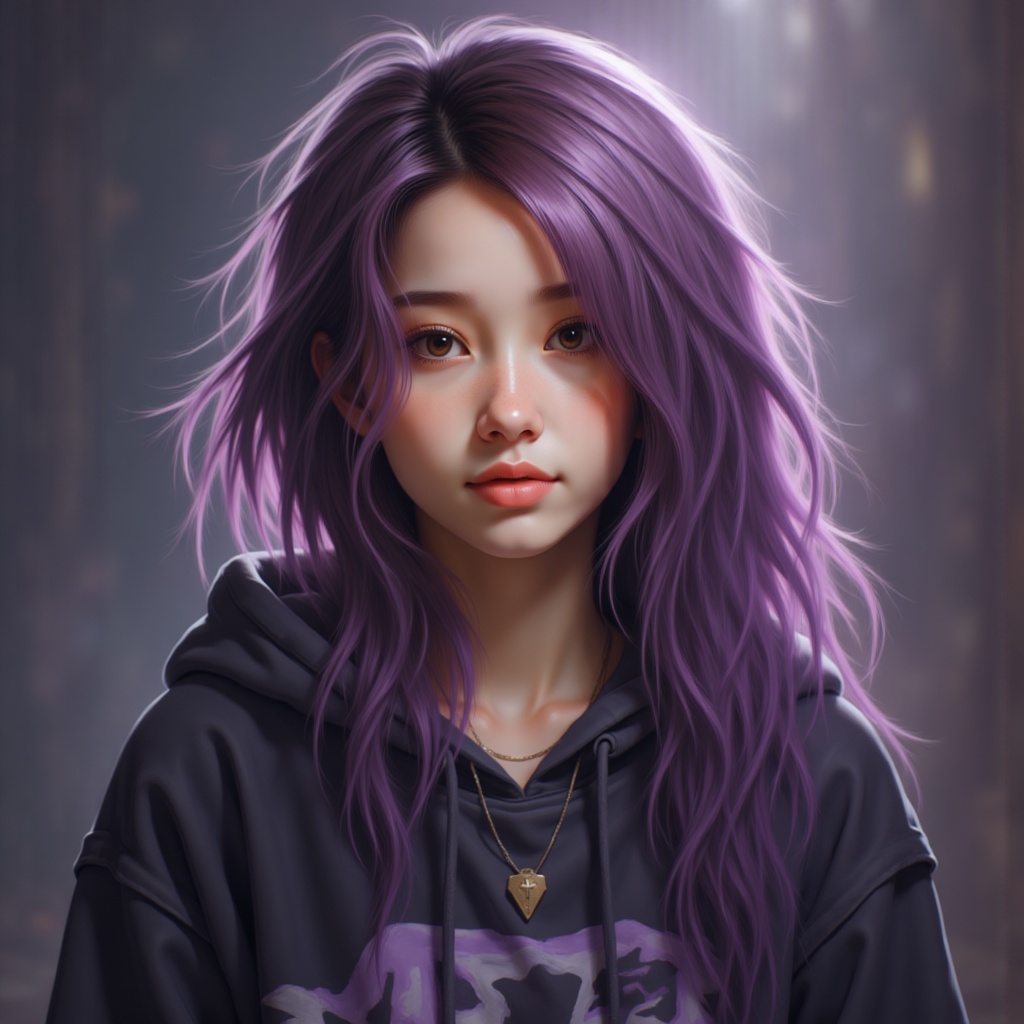 Zu stands with purple hair, wearing a sleek hoodie — ZU × ORI