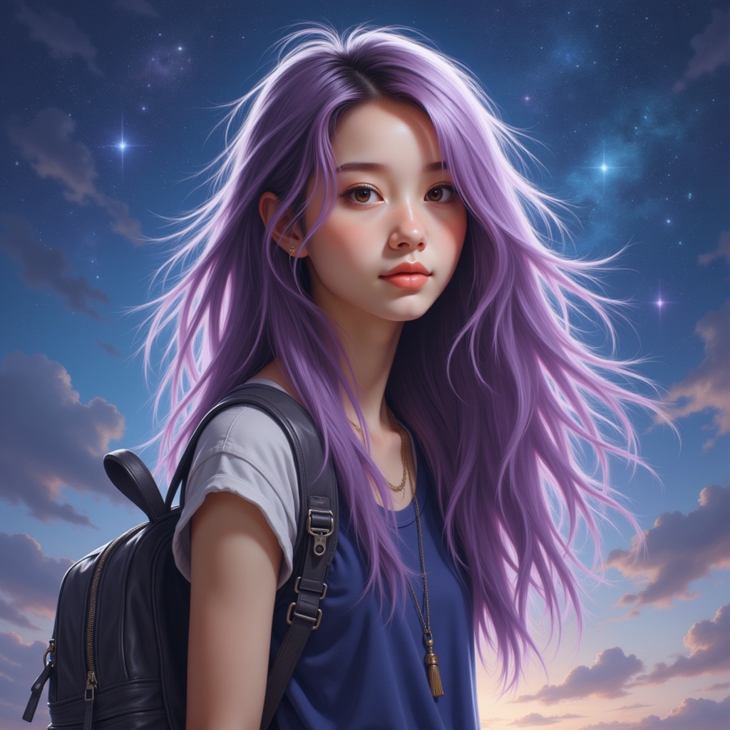 Zu stands beneath a starry sky with flowing purple hair — ZU × ORI