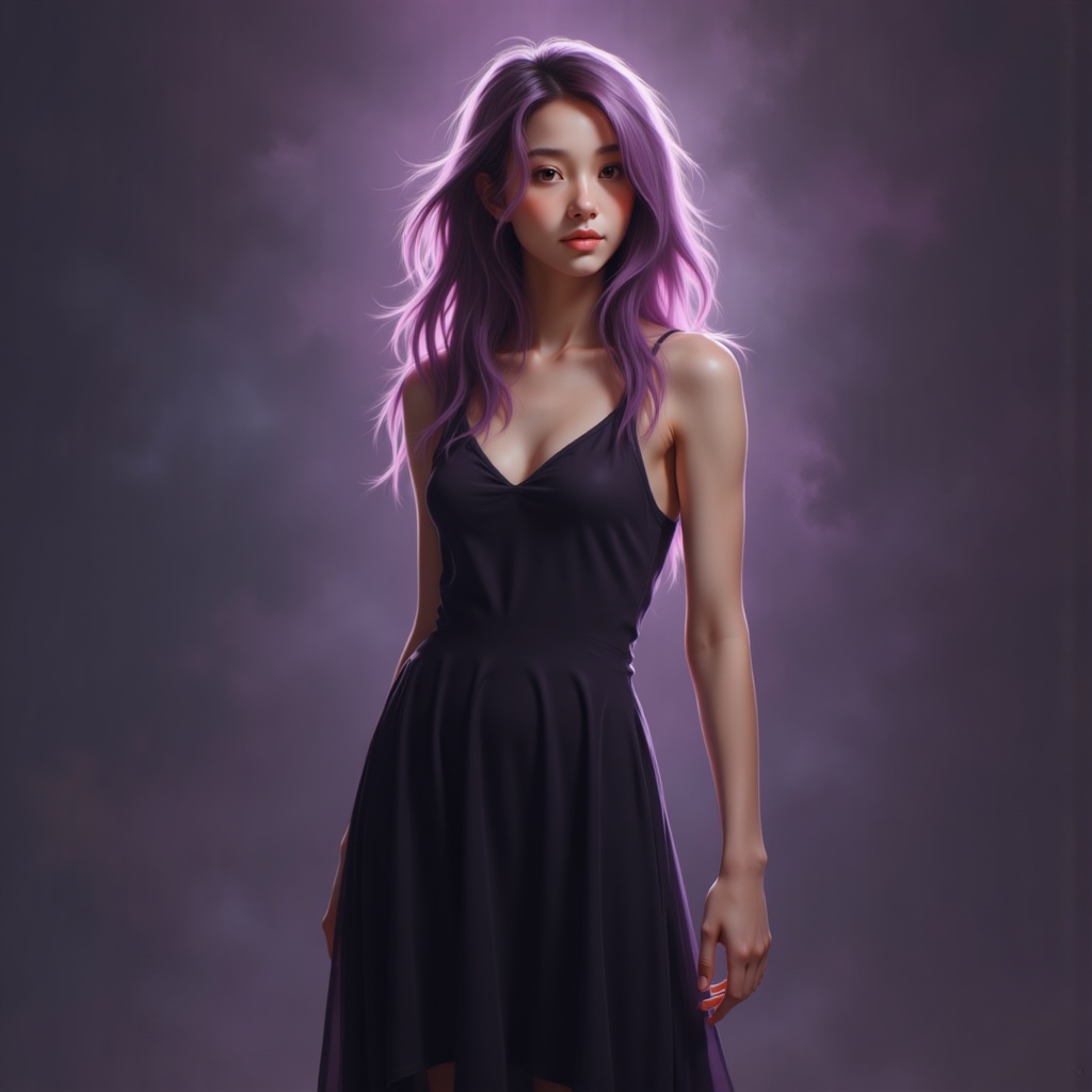 Zu stands gracefully in a dark dress, purple mist surrounds — ZU × ORI