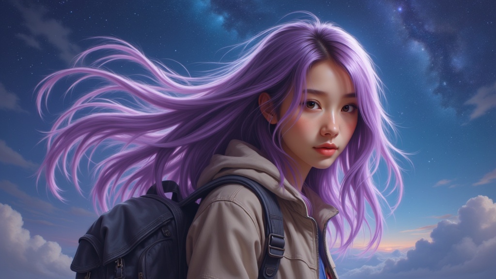 Zu in twilight, purple hair flowing like a dream — ZU × ORI