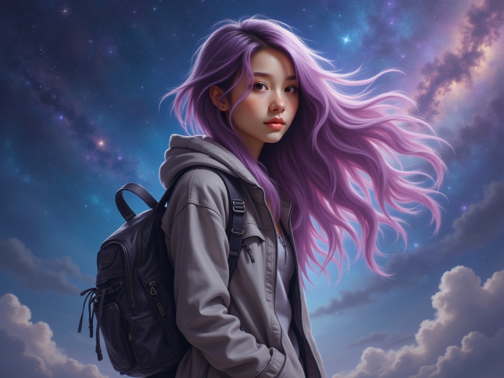 Zu stands beneath starry skies, vibrant hair flowing — ZU × ORI