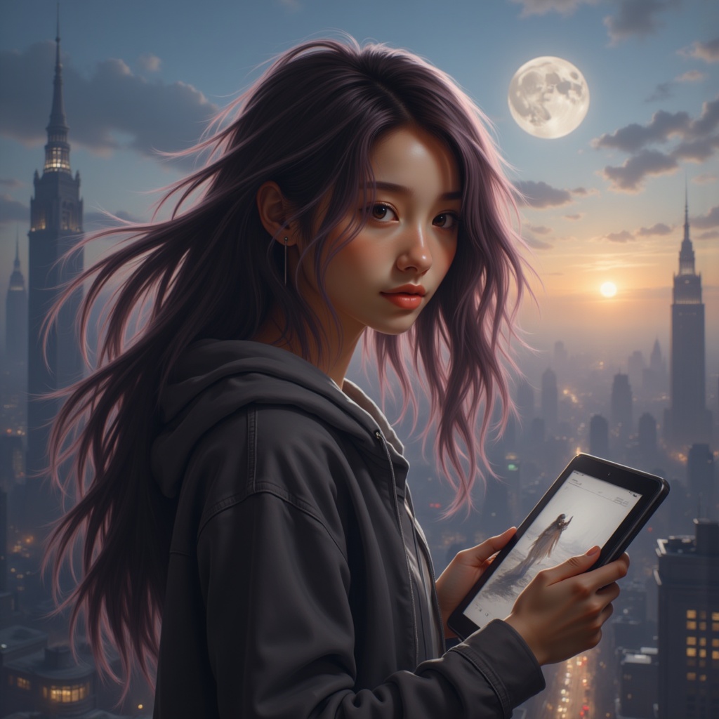 Zu gazes at city sunset under moonlight, holding tablet — ZU × ORI