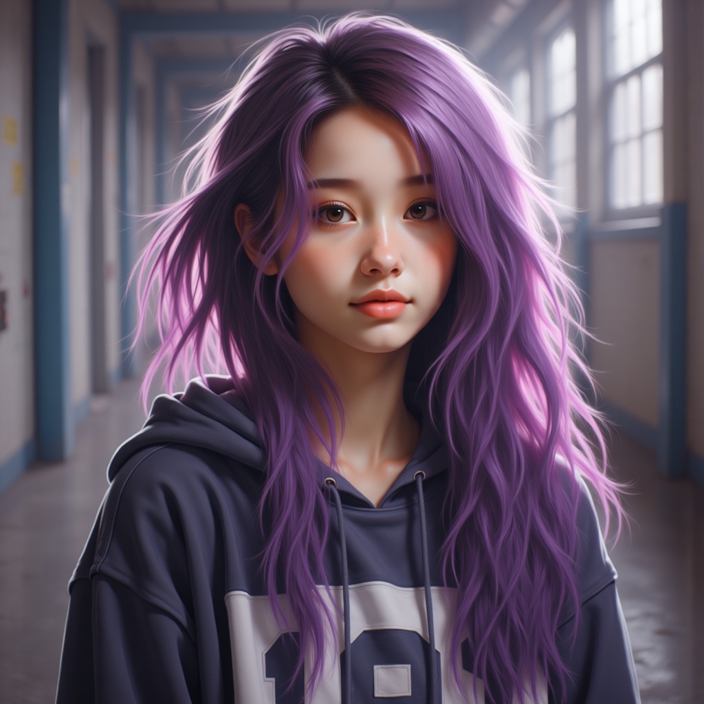 Zu stands in a hallway, gazing with glowing violet hair — ZU × ORI