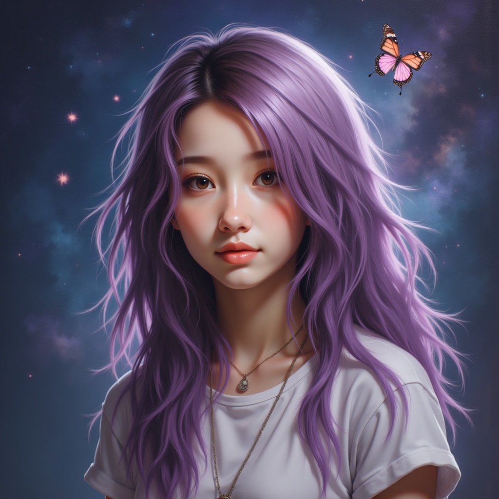 Zu emerges with vivid purple hair beside a butterfly — ZU × ORI