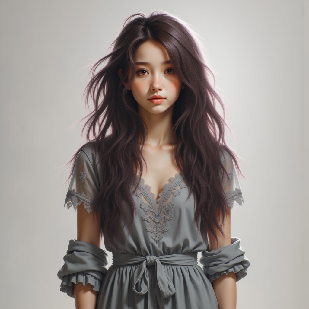 Zu models an elegant grey lace dress with flowing hair — ZU × ORI