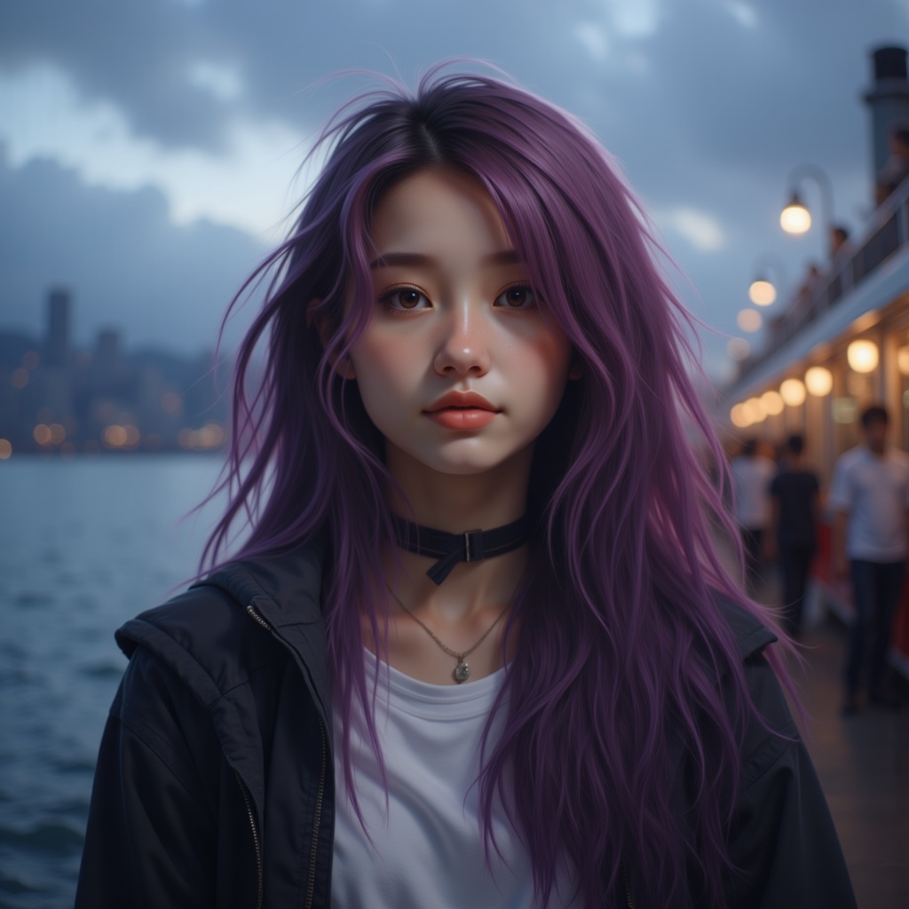 Zu stands by harbor at dusk, violet hair flowing — ZU × ORI