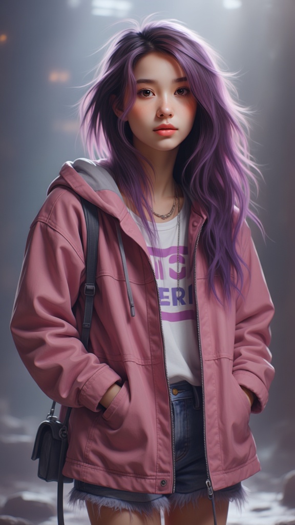 Zu in a pink coat with purple hair, striking pose — ZU × ORI